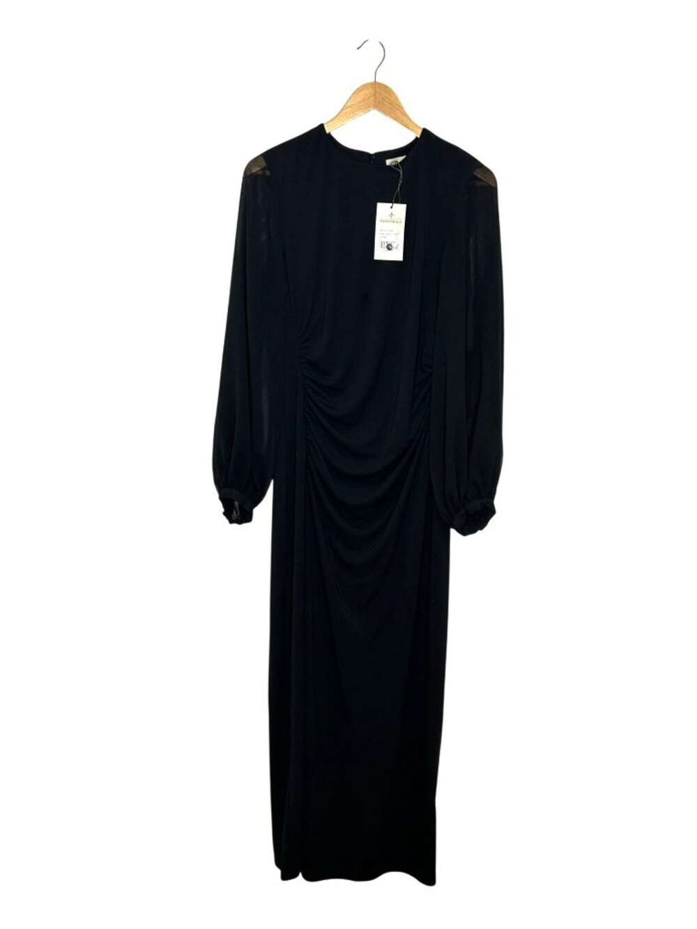 NWT Tuckernuck Black Long-Sleeve Ruched Midi Dress With Sheer Detail Size L